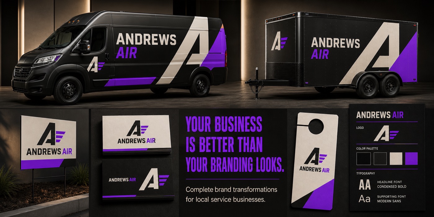 Black, cream, and purple Andrews Air service van, trailer, signs, cards, and door hanger
