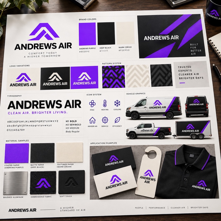 Complete Andrews Air branding system with colors typography patterns and applications