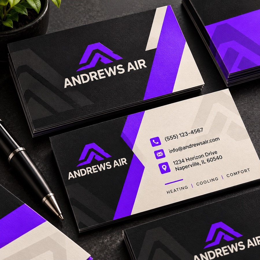 Detailed full bleed Andrews Air business card designs in purple black and cream
