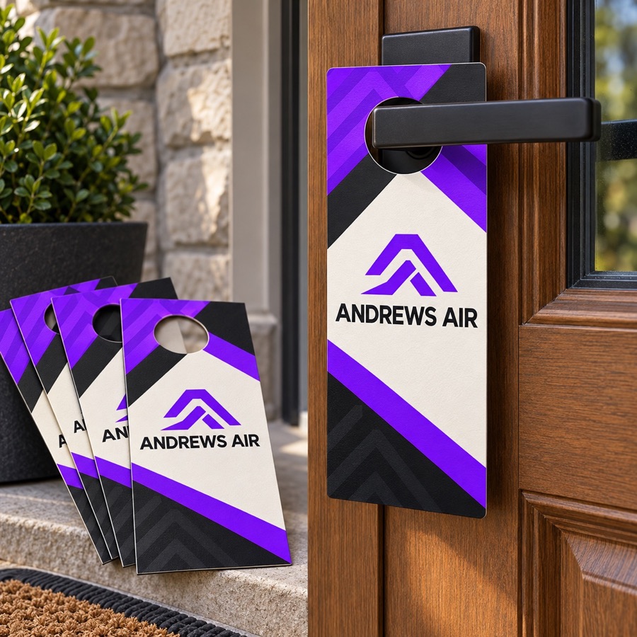 Realistic detailed Andrews Air door hangers with full bleed branding