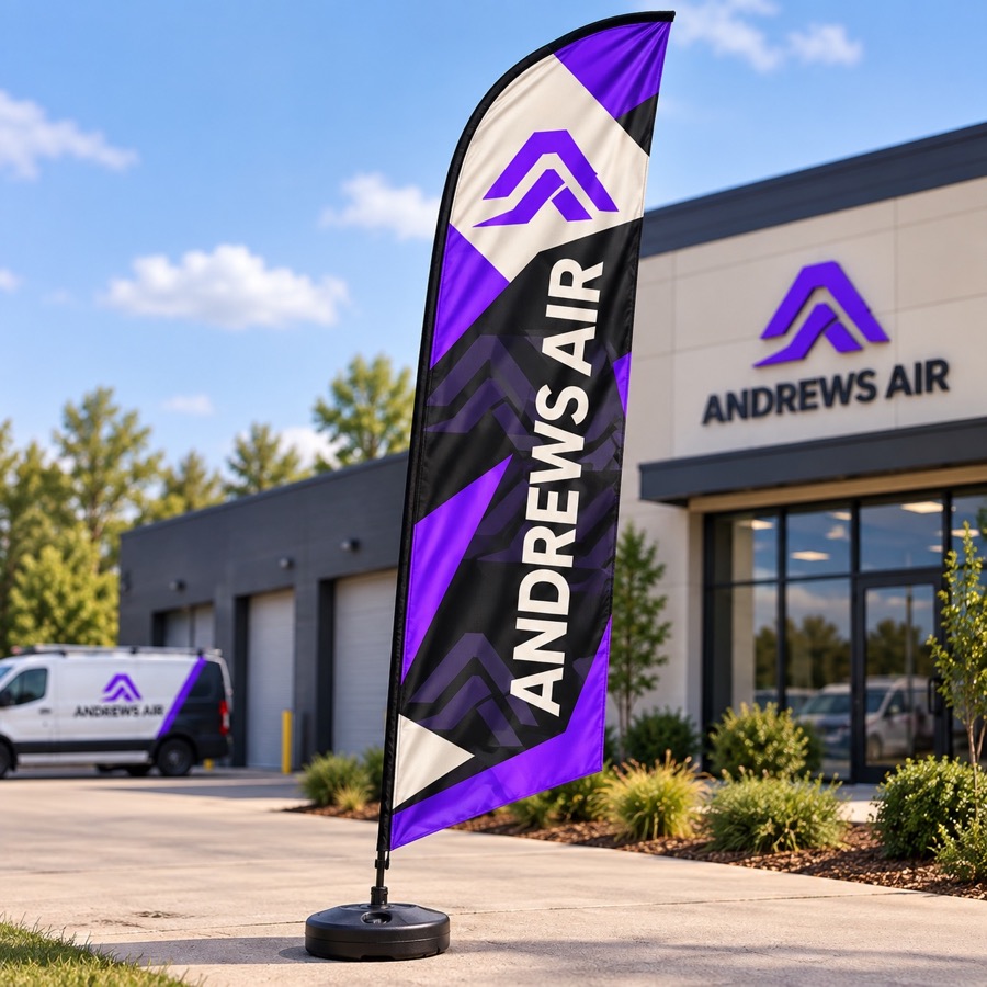 Realistic fourteen foot feather flag with full coverage Andrews Air branding