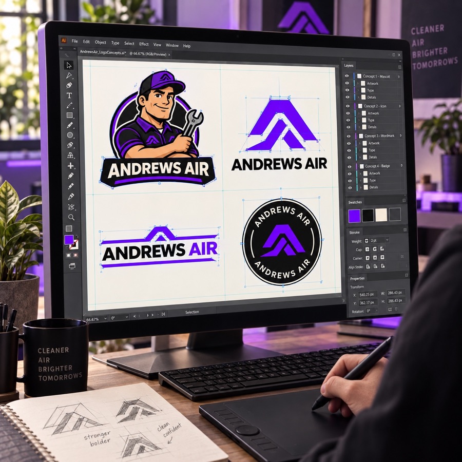 Four Andrews Air logo concepts being developed on a professional graphic designer computer