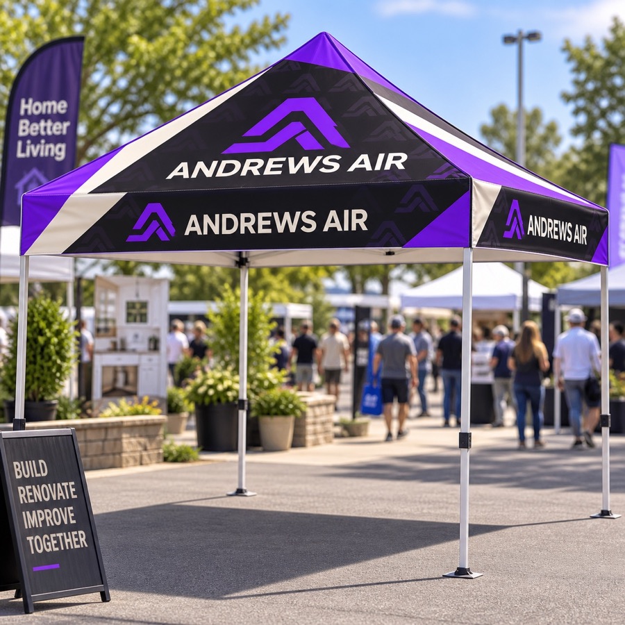 Realistic popup tent with full coverage Andrews Air canopy and valance branding