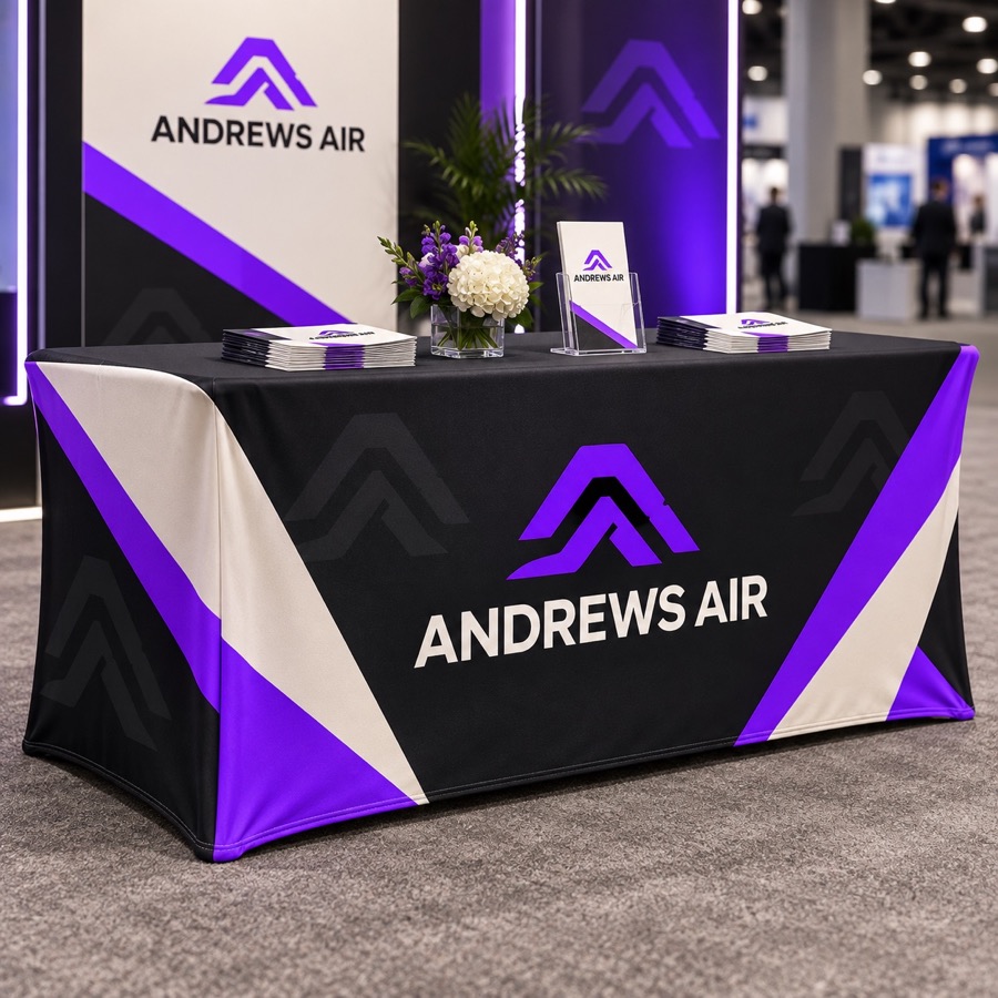 Realistic event table with a detailed full coverage Andrews Air tablecloth