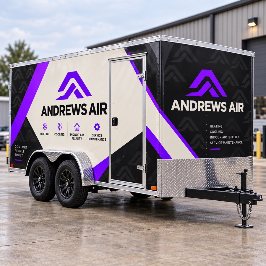 Realistic enclosed trailer with a full coverage Andrews Air branded wrap