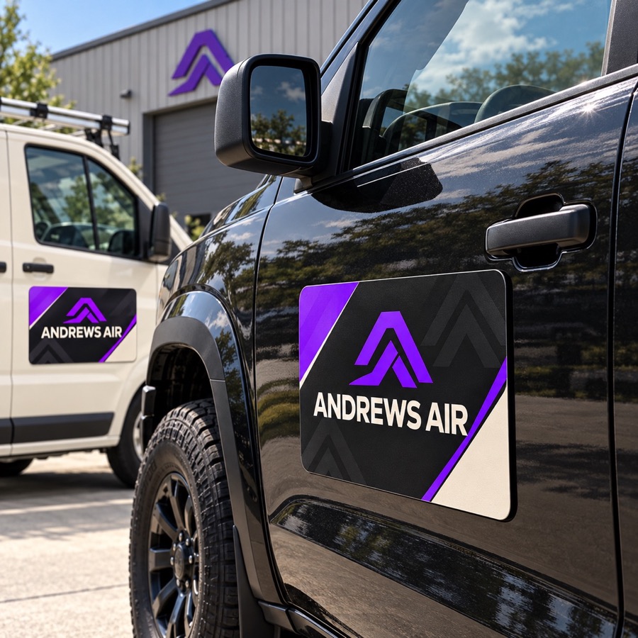 Realistic service truck and van displaying detailed Andrews Air vehicle magnets