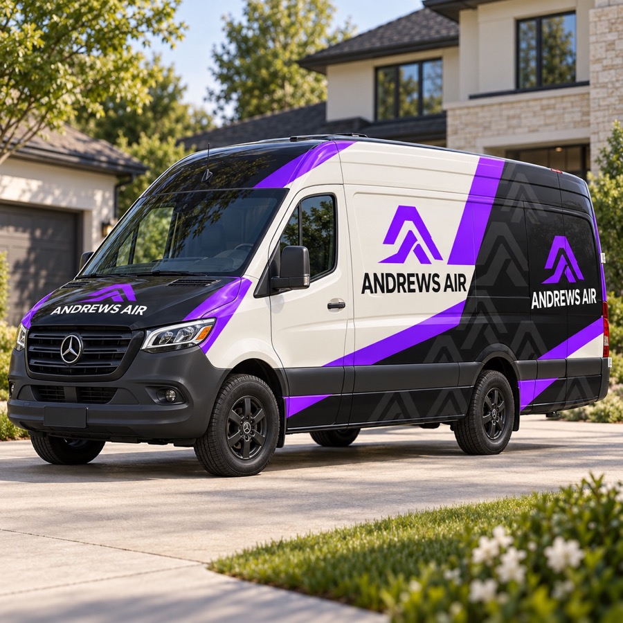 Realistic service van with a full coverage purple black and cream Andrews Air wrap