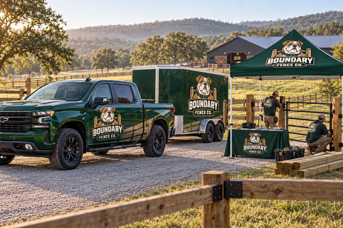 Boundary Fence Company bulldog mascot branding on a pickup, trailer, and popup tent at a rural gate installation