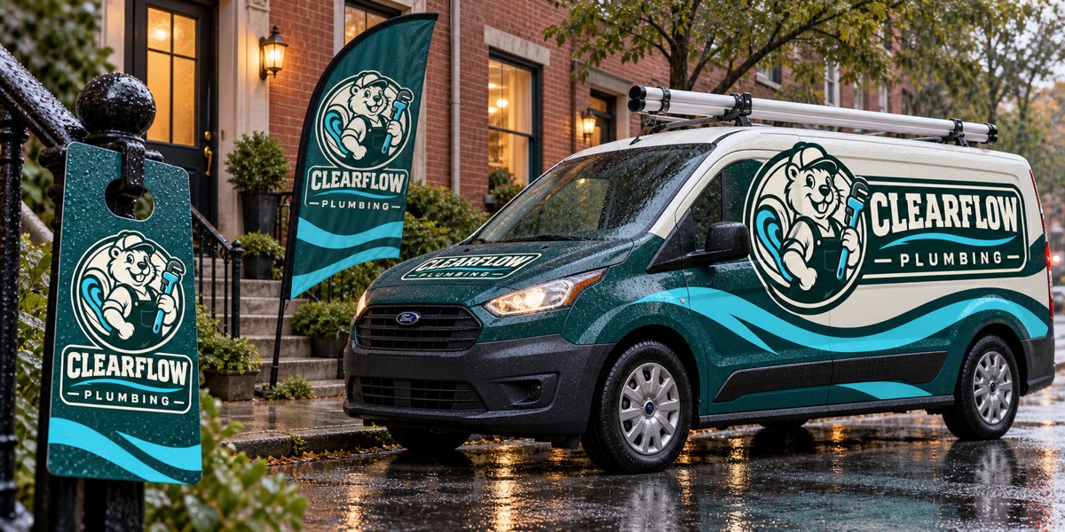 Clearflow Plumbing beaver mascot branding on a wrapped compact service van, feather flag, and door hanger at a rainy rowhouse