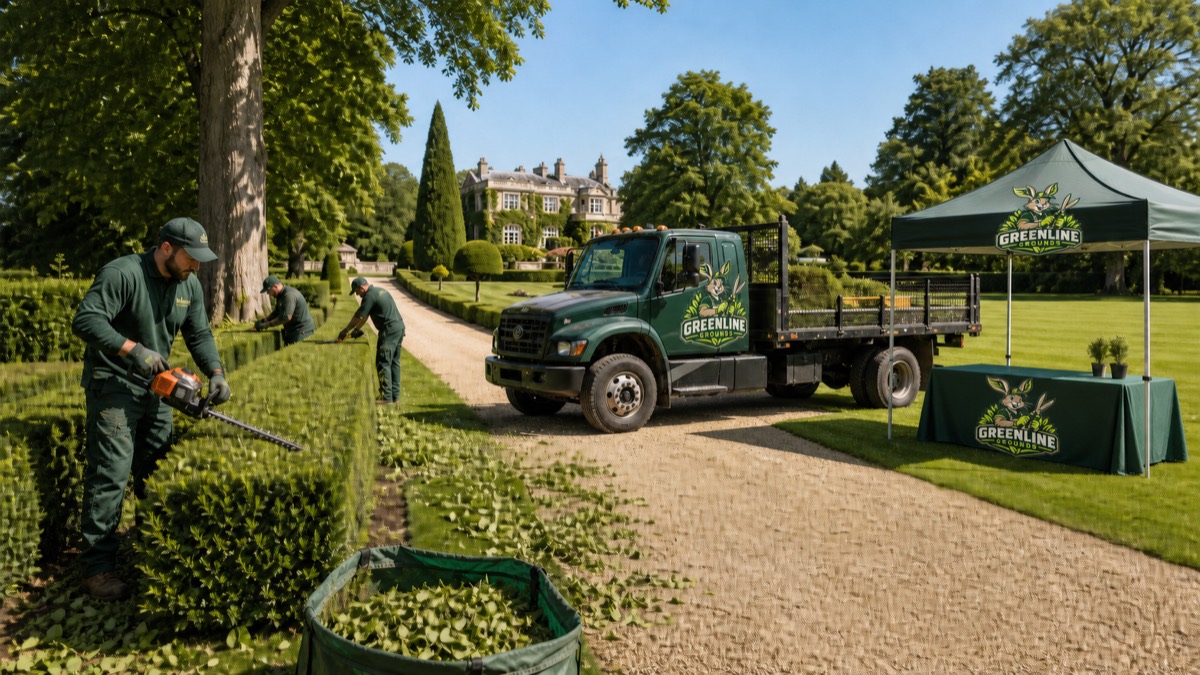 Greenline Grounds hare mascot branding on a wrapped flatbed truck, popup tent, and tablecloth at an estate garden