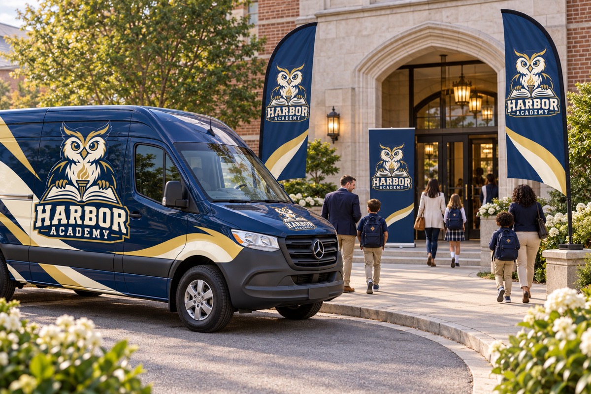 Harbor Academy owl mascot branding on a wrapped private school passenger van, feather flags, and retractable banner during an open house