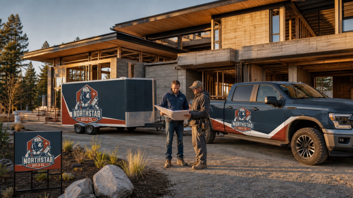 Northstar Build Company bear mascot branding on a crew cab pickup, trailer, and yard sign at a modern home build
