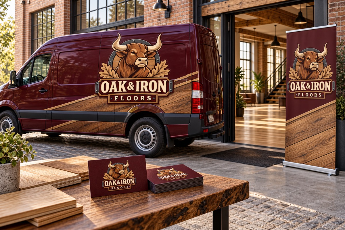 Oak and Iron Floors ox mascot branding on a cargo van, retractable banner, and business cards at a loft installation