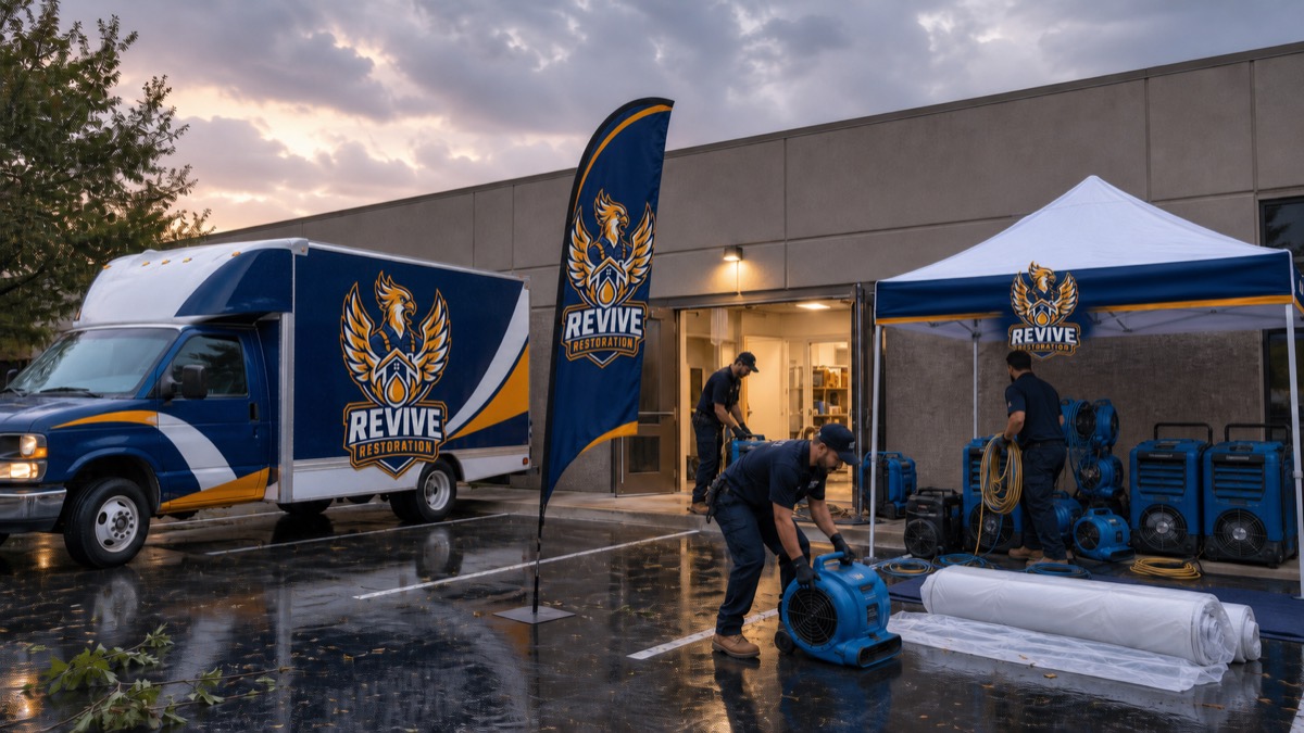 Revive Restoration phoenix mascot branding on a box van, feather flag, and popup tent after a storm