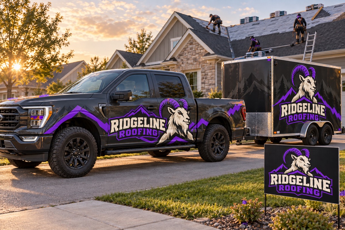 Ridgeline Roofing mountain goat mascot branding on a pickup, trailer, and yard sign at an active roofing job