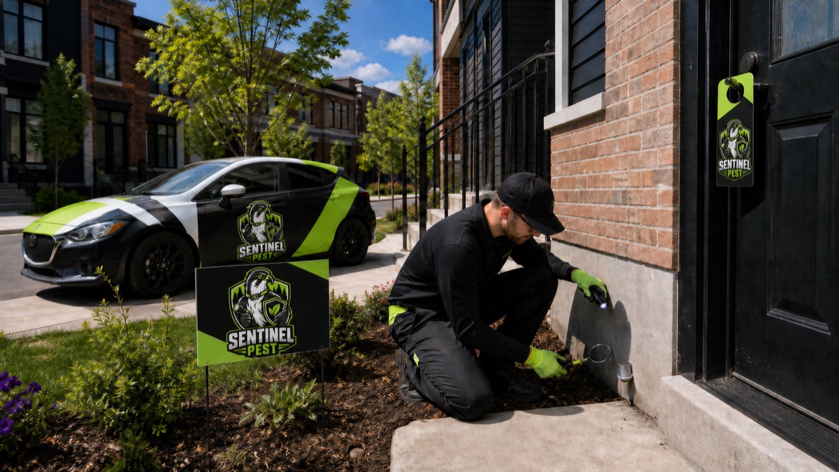 Sentinel Pest falcon mascot branding on a hatchback, yard sign, and door hanger during a city home inspection