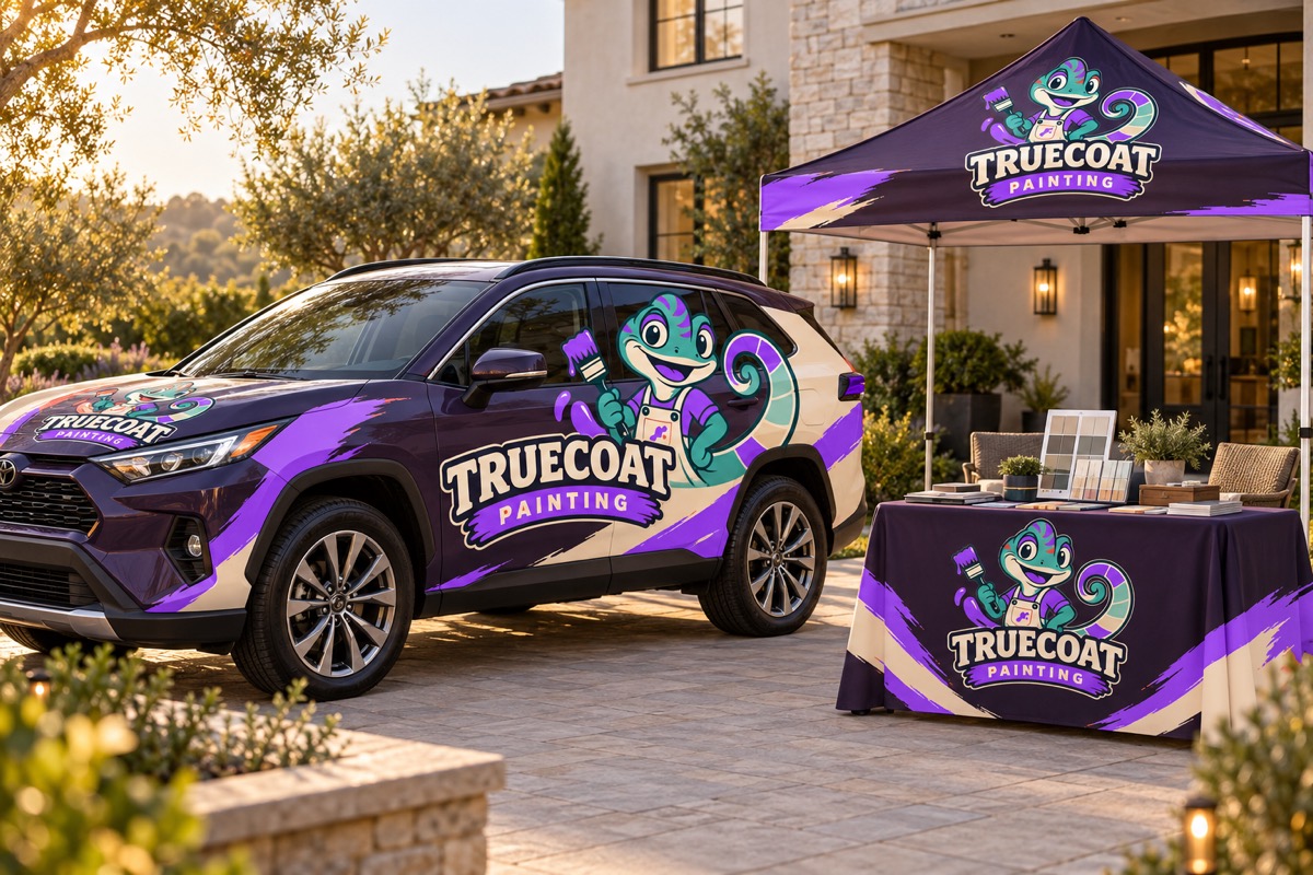Truecoat Painting chameleon mascot branding on a crossover, popup tent, and tablecloth at a home color consultation