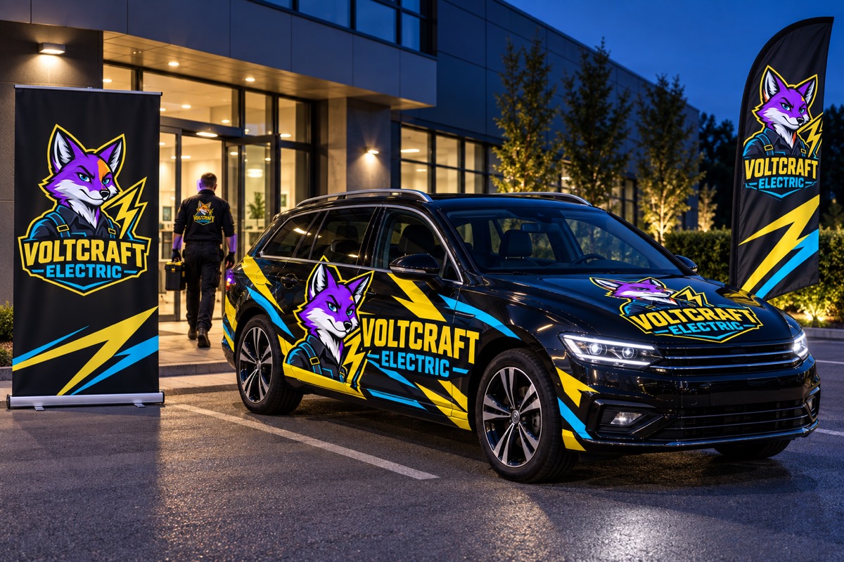 Voltcraft Electric fox mascot branding on a wrapped station wagon, retractable banner, and feather flag at a commercial night call